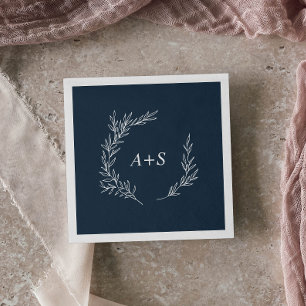 Minimal Leaf Slate Blue Monogram Wedding Napkins