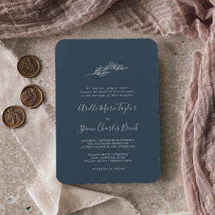 Minimal Leaf   Slate Blue Traditional Wedding Invitation