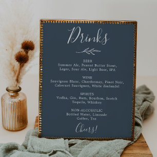 Minimal Leaf Slate Blue Wedding Drinks Menu Poster