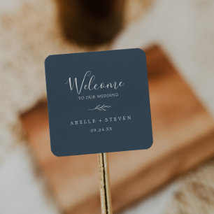 Minimal Leaf Slate Blue Wedding Welcome Square Sticker
