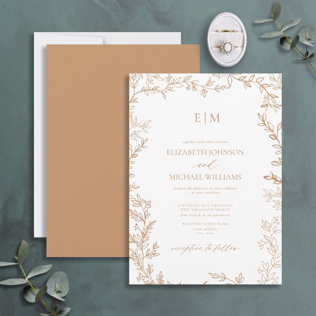 Minimal Leaf Terracotta Elegant Monogram Wedding Invitation (Creator Uploaded)