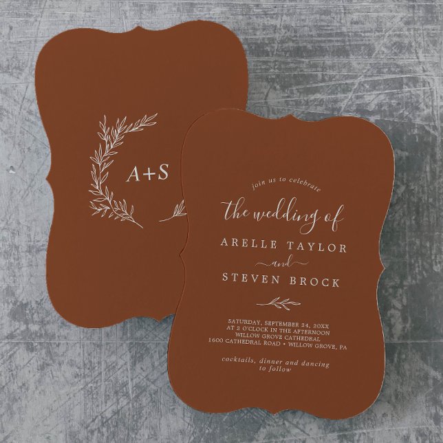 Minimal Leaf | Terracotta Monogram Back Wedding Invitation (Creator Uploaded)