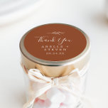 Minimal Leaf | Terracotta Thank You Favour Sticker<br><div class="desc">These minimal leaf terracotta thank you wedding favour stickers are perfect for a boho wedding reception. The design features a simple greenery leaf silhouette in earthy burnt orange with minimalist desert bohemian style. Personalise the sticker labels with your names, the event (if applicable), and the date. These stickers can be...</div>