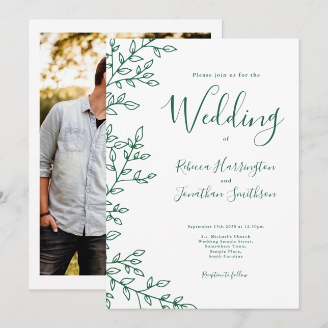 Minimal Leaf White Emerald Green Photo Wedding Invitation (Front/Back)