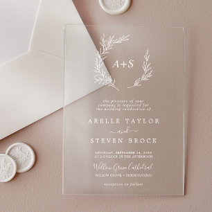 Minimal Leaf White Monogram Greenery Boho Wedding Acrylic Invitations