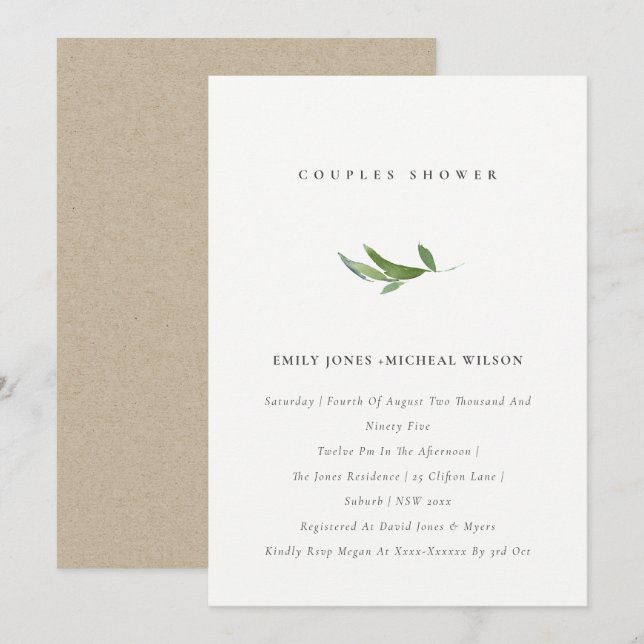 Minimal Leafy Foliage Watercolor Couples Shower Invitation (Front/Back)
