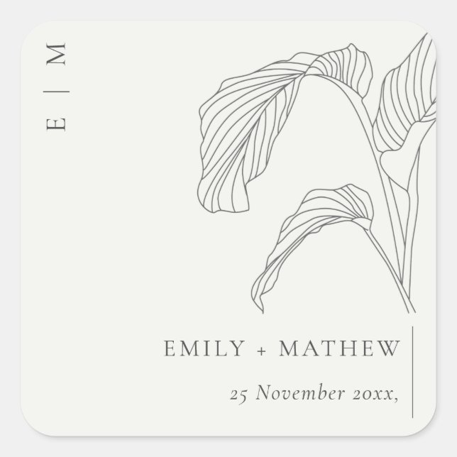 Minimal Leafy Palm Sketch Black White Wedding Square Sticker (Front)