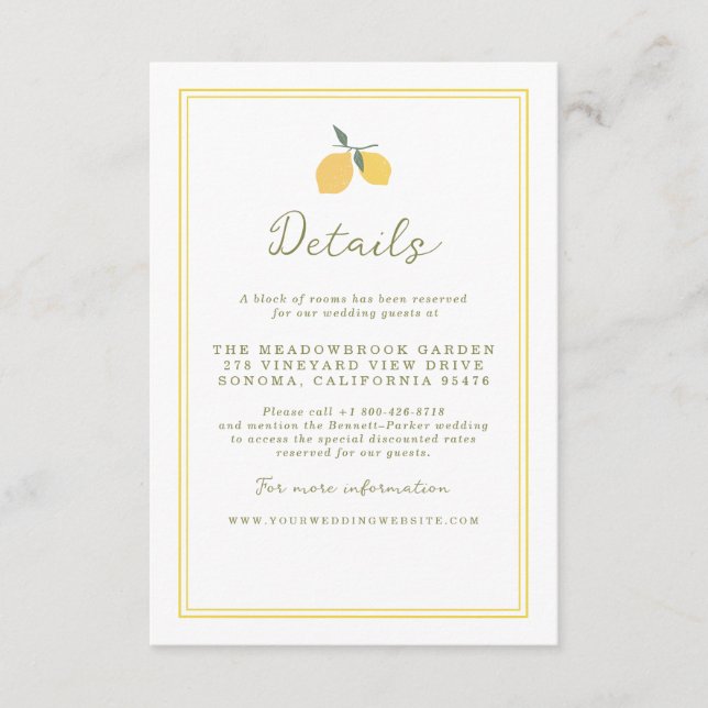 Minimal Lemon Amalfi Coast Wedding Details Card (Front)