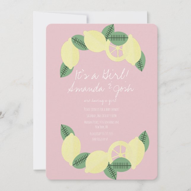 Minimal Lemon Citrus Wreath Girls Baby Shower Invitation (Front)
