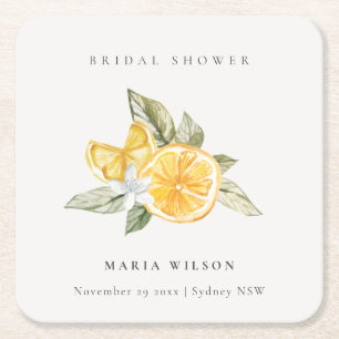 Minimal Lemon Foliage Boho Couples Shower Welcome Square Paper Coaster