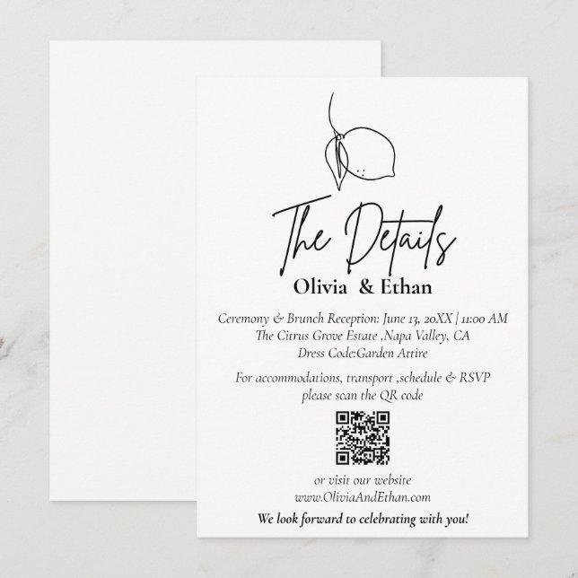 Minimal Lemon Wedding Details Card with QR Code (Front/Back)