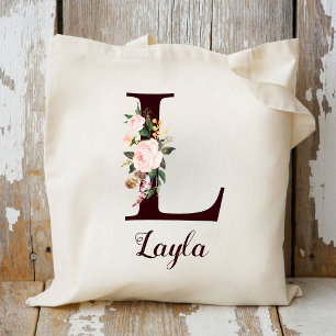 Minimal Letter L Blush Floral Personalised Gift Tote Bag