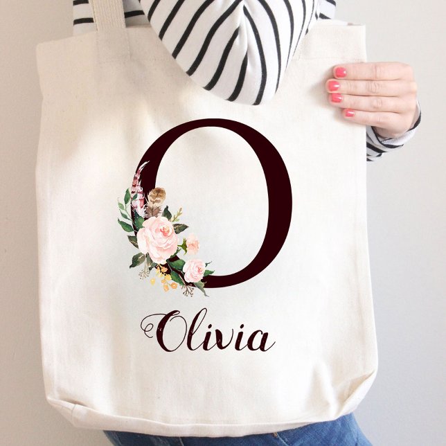 Minimal Letter O Blush Floral Personalised Gift Tote Bag (Creator Uploaded)