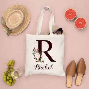 Minimal Letter R Blush Floral Personalised Gift Tote Bag