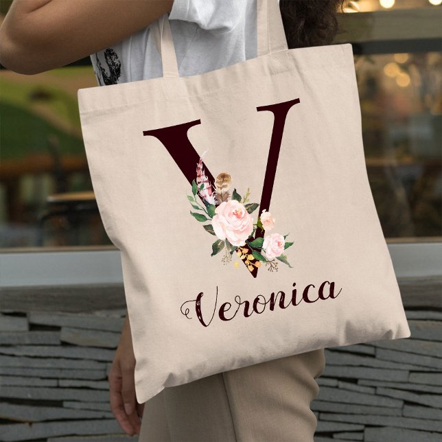 Minimal Letter V Blush Floral Personalised Gift Tote Bag (Creator Uploaded)