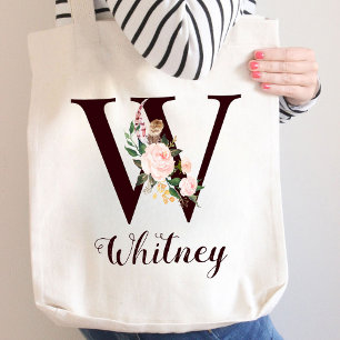 Minimal Letter W Blush Floral Personalised Gift Tote Bag