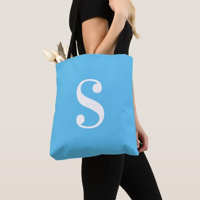 Minimal Light Blue with Large White Monogram Tote Bag (Close Up)