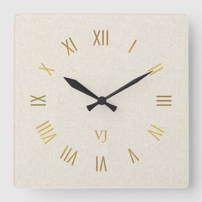 Minimal light cream linen Gold Roman Numerals Square Wall Clock (Front)