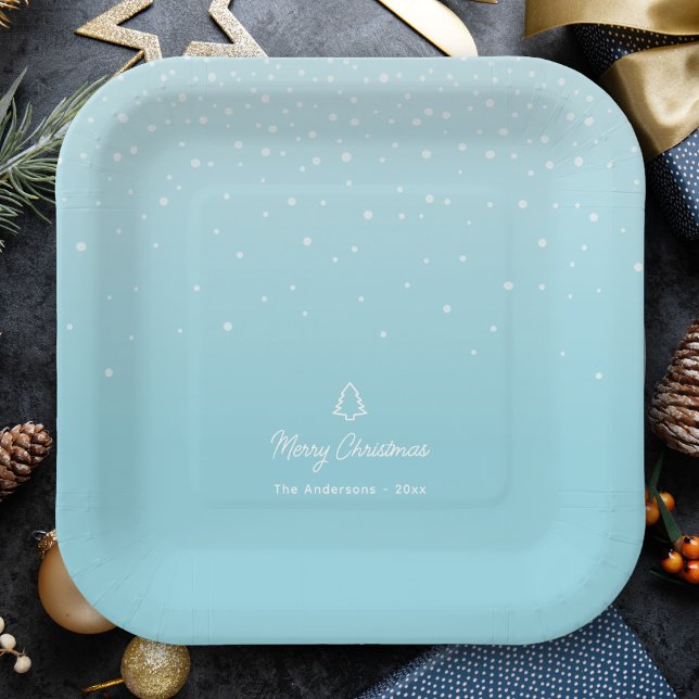 Minimal Light Pastel Blue Snowy Christmas Party Paper Plate (Creator Uploaded)