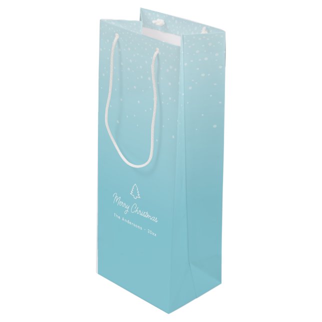 Minimal Light Pastel Blue Snowy Christmas Party  Wine Gift Bag (Front Angled)