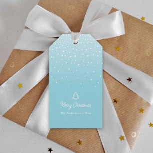 Minimal Light Pastel Blue Snowy Christmas Tree Gift Tags