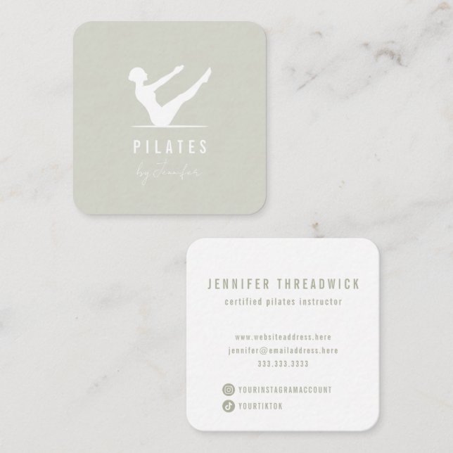 Minimal Light Sage Green Female Logo Pilates Square Business Card (Front/Back)
