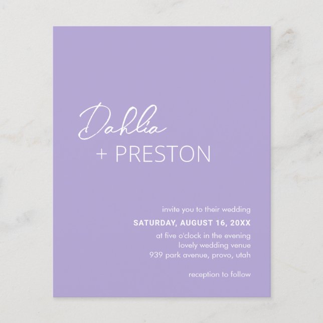 Minimal Lilac Modern Budget Wedding Invite Flyer (Front)