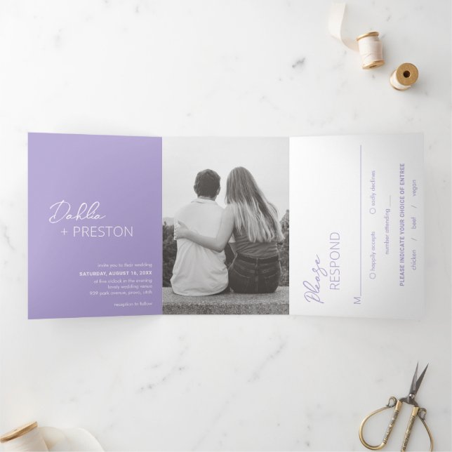 Minimal Lilac Photo Modern Wedding Tri-Fold Invitation (Inside)