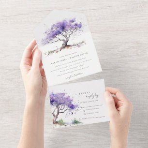 Minimal Lilac Watercolor Jacaranda Tree Wedding All In One Invitation