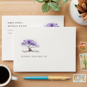 Minimal Lilac Watercolor Jacaranda Tree Wedding Envelope