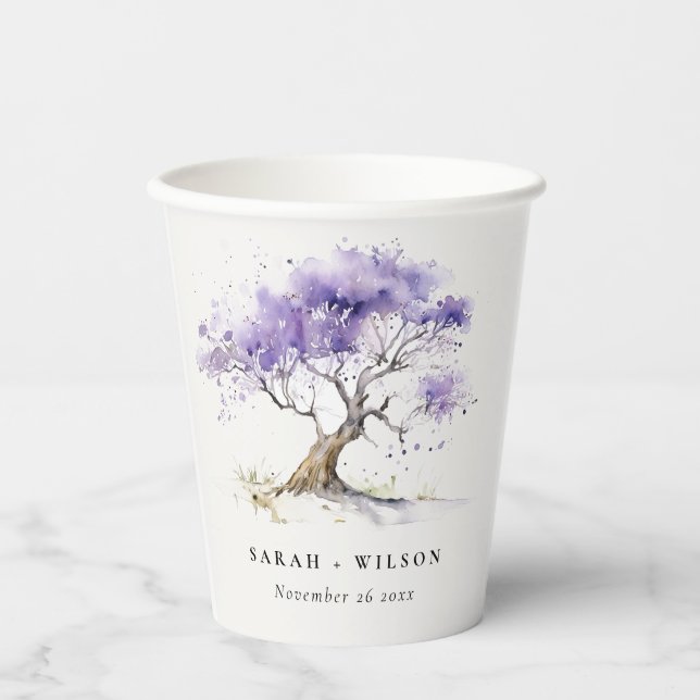 Minimal Lilac Watercolor Jacaranda Tree Wedding Paper Cups (Front)