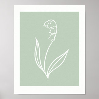 Minimal Lily of the Valley Line Art on Sage Green  Poster