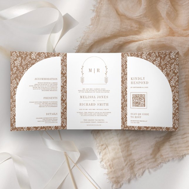 Minimal Line Art Leaf Arch Beige Wedding Tri-Fold Invitation (Creator Uploaded)