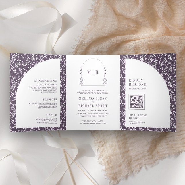 Minimal Line Art Leaf Arch Dusty Purple Wedding Tri-Fold Invitation (Creator Uploaded)