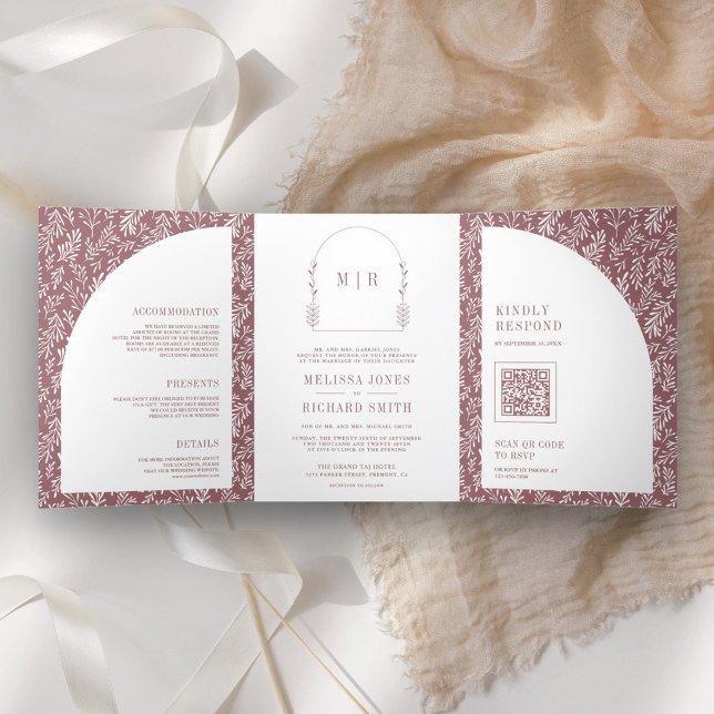 Minimal Line Art Leaf Arch Dusty Rose Wedding Tri-Fold Invitation (Creator Uploaded)