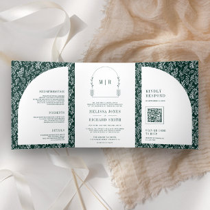 Minimal Line Art Leaf Arch Emerald Green Wedding Tri-Fold Invitation