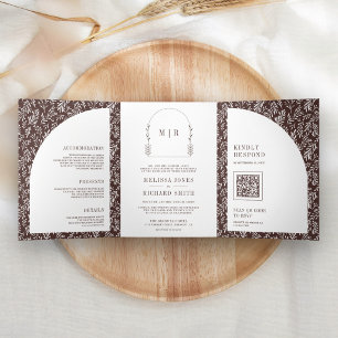 Minimal Line Art Leaf Arch Espresso Brown Wedding Tri-Fold Invitation