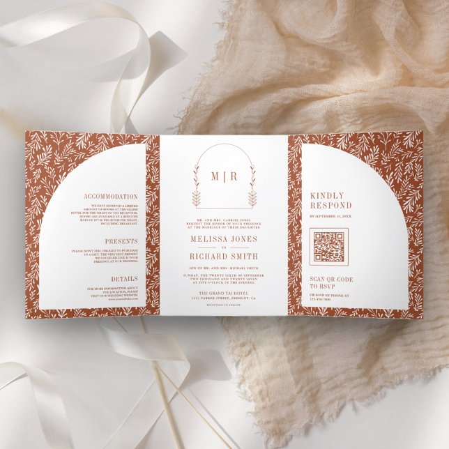 Minimal Line Art Leaf Arch Terracotta Wedding Tri-Fold Invitation (Creator Uploaded)