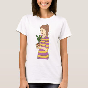 Minimal Line Art of Girl with Potted plant T-Shirt