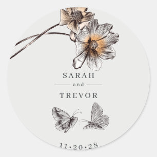 Minimal Line Art Terracotta Poppies Classic Round Sticker