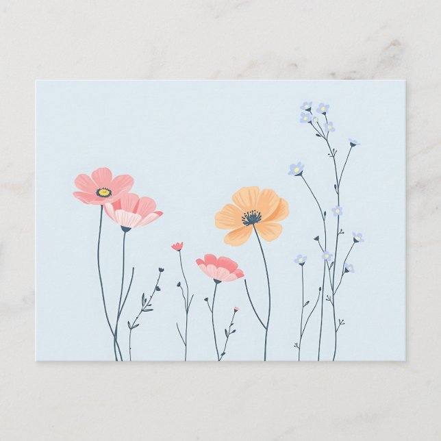 Minimal Line Art Wildflowers on Pastel Blue  Postcard (Front)