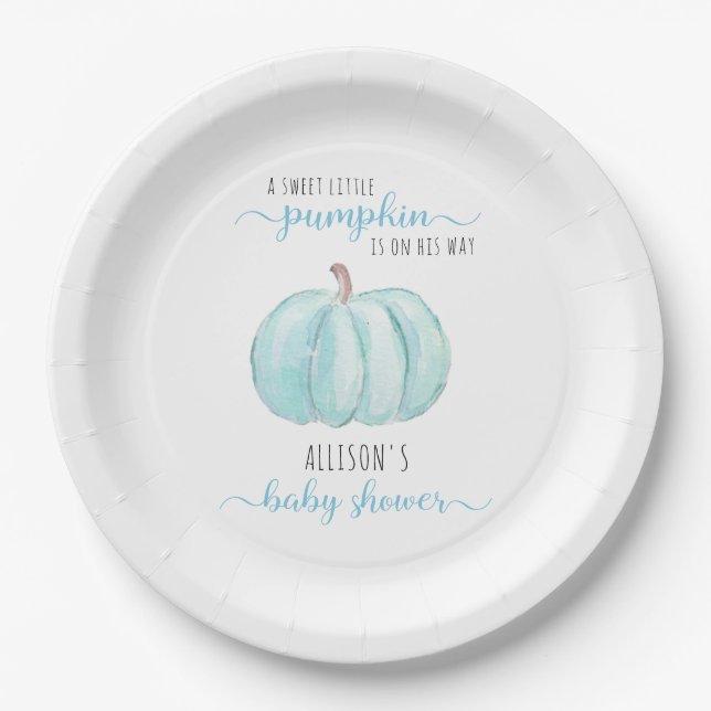 Minimal Little Pumpkin Watercolor Blue Baby Shower Paper Plate (Front)