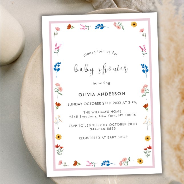 Minimal Little Wildflower Frame Girl Baby Shower  Invitation (Minimal Little Wildflower Frame Girl Baby Shower Invitation)