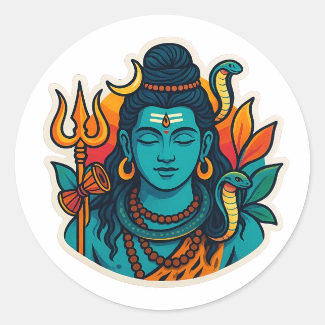 Minimal Lord Shiva Illustration – Trishul, Damru Classic Round Sticker (Front)