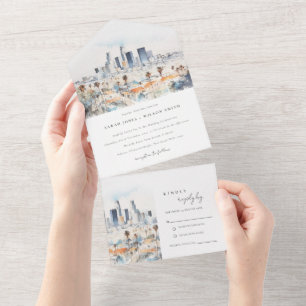 Minimal Los Angeles, California Watercolor Wedding All In One Invitation
