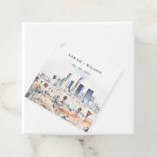 Minimal Los Angeles, California Watercolor Wedding Favour Tags (In Situ)