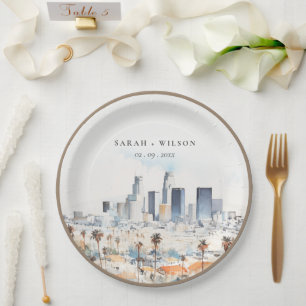 Minimal Los Angeles, California Watercolor Wedding Paper Plate