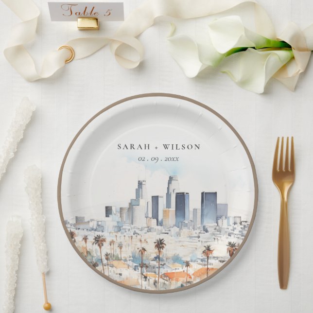 Minimal Los Angeles, California Watercolor Wedding Paper Plate (Wedding)