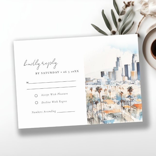 Minimal Los Angeles California Watercolor Wedding RSVP Card (Creator Uploaded)