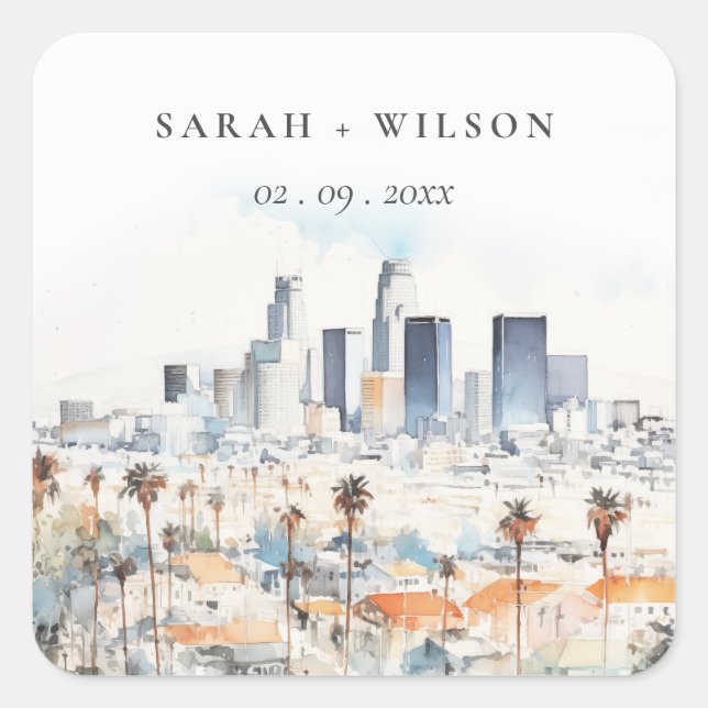 Minimal Los Angeles, California Watercolor Wedding Square Sticker (Front)